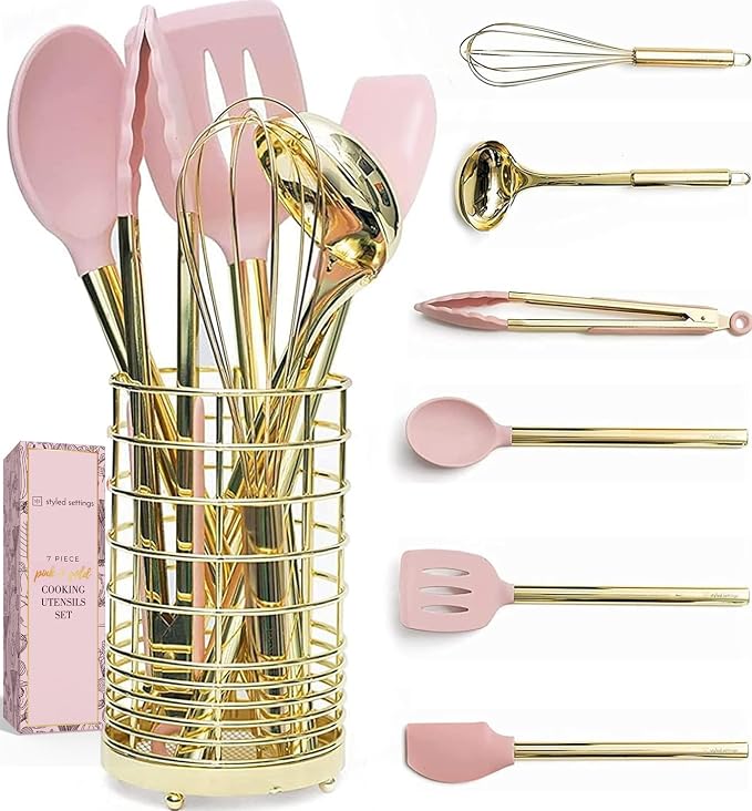 Styled Settings Gold and Pink Kitchen Utensil Set with Holder, 7-Piece | Nonstick Silicone Cooking Utensils Set with Gold Utensil Holder, White and Gold Kitchen Accessories for Modern Kitchens by STYLEDSETTINGS