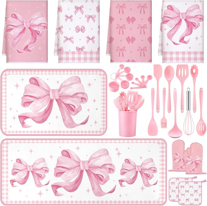 Fourluoo 30 Pcs Pink Bow Kitchen Decor and Utensils Set Pink Kitchen Towels and Rugs Oven Mitts and Pot Holders Non Toxic Silicone Utensils Set Heat Resistant Dishwasher for Cooking by Fourluoo