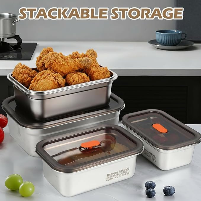 4 Pack Large Stainless Steel Food Storage Containers with Leak-proof Lids 316 Metal Meal Prep Container Lunch Box Freezer Safe Microwave Safe for Meal Prep Bento (41oz, 61oz, 95oz, 128oz) - Image 6