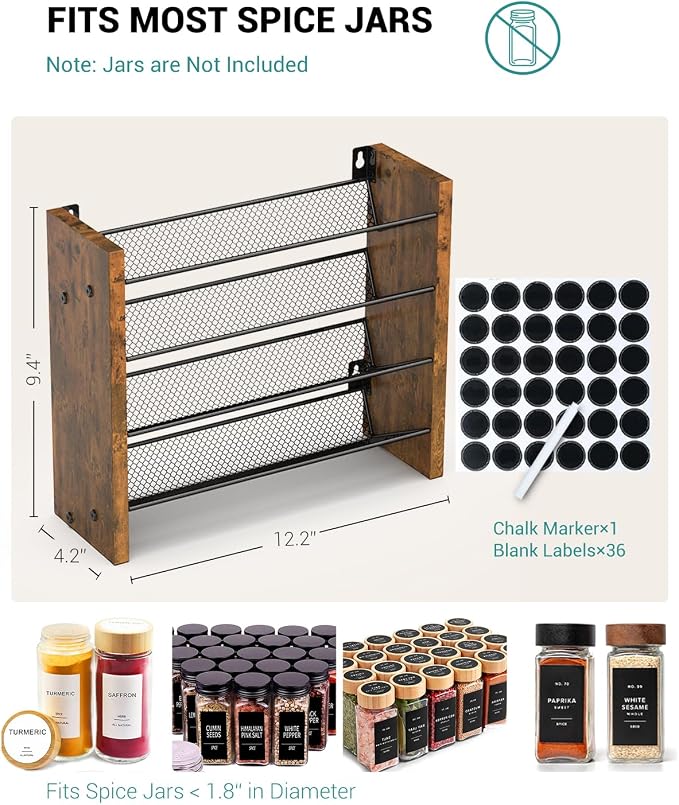 NESAPTO Spice Rack Organizer for Cabinet, Wood 4-Tier Vertical Seasoning Organizer, Wall Mount or Countertop Spice Shelf, Holds 24 Jars (No Jars Included), 12.2" W x 9.4" H - Image 2