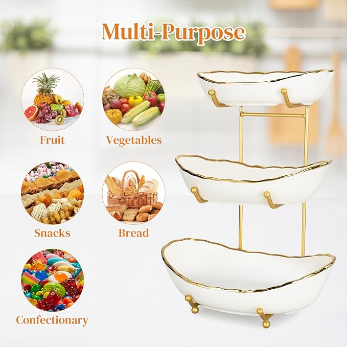 3 Tier Fruit Basket Ceramic Fruit Bowl Vegetable Storage with Metal Rack Porcelain Fruit Stand Storage Holder for Kitchen Counter Large Capacity Fruit Holder for Bread, Snack | Ceramic Bowls, Metal Rack, Large Capacity, Perfect For Fruit, Vegetables, B... - Image 4