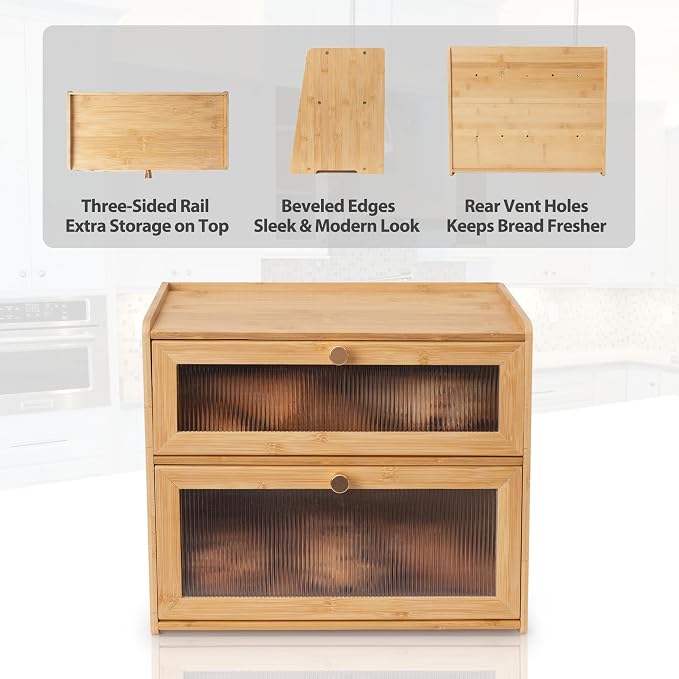 Bamboo Bread Box with golden knobs breadbox for Kitchen Countertop Double Layer Wooden Breadbox Vitamin Bottle Organizer Supplement Bottle Organizer Non-Toxic & Food-Safe (Assembly needed) - Image 6