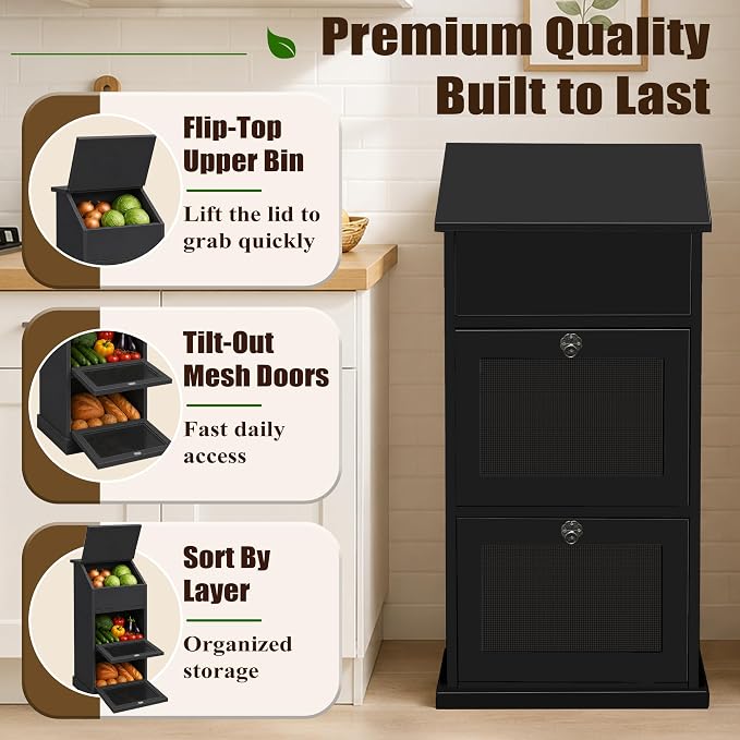 Potato and Onion Storage Bin with Lid, 3-Tier Vegetable Storage, Wooden Rustic Bread Box Cabinet for Fruit and Vegetable, Food Storage Containers Cabinet for Kitchen Pantry (Black) - Image 5