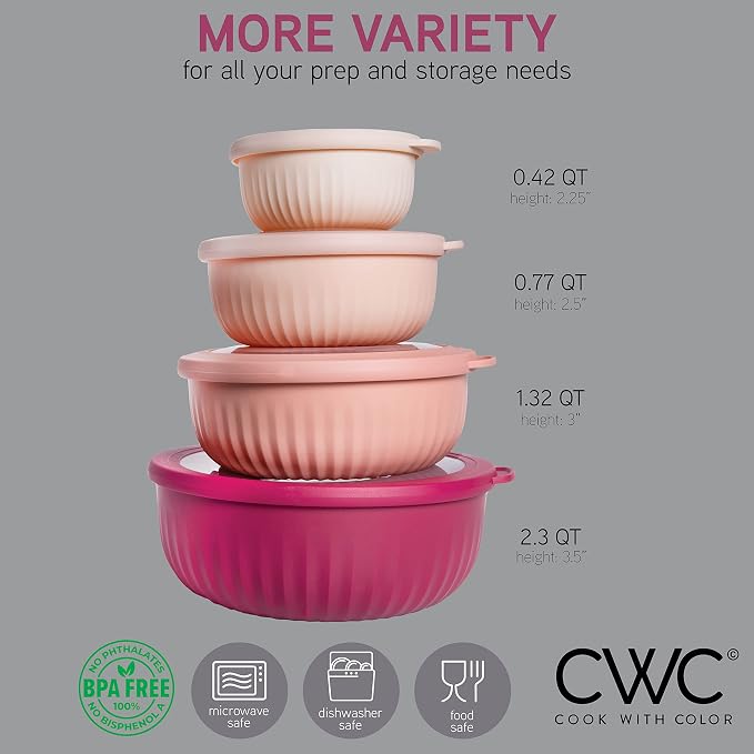 COOK WITH COLOR Prep Bowls with Lids- Wide and Deep Nesting Plastic Small Mixing Bowl Set with Lids, 8 Piece Set - Wide Bowls, Rose - Image 2
