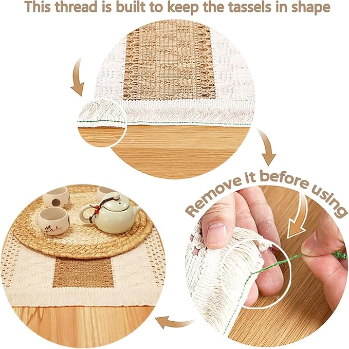 Handmade Boho Placemats Set of 6 - Natural Cotton Burlap and Water Straw Woven Combination Table Mats, Macrame Décor and Farmhouse Style Placemats, for Dining Table Kitchen - Image 3