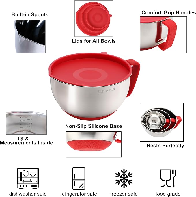 Stainless Steel Mixing Bowls Set with Lids,1.5,3 & 5 Qt,Red | Non-Slip Silicone Base,Precision Pour Spout,Ergonomic Easy-Grip Handle,Measurement Marks,Airtight Lids,Cooking & Meal Prep - Image 2