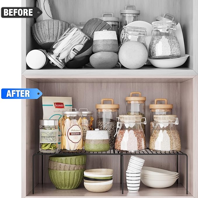 4Pack Expandable Storage Shelf, 13.5"~23" L x 9.4" W x 5.5" H, Black | Adjustable Rustproof Metal Wire Spice Rack, Space Saver Kitchen Storage Shelves for Pan, Pot, Countertop, Drawer, Fridge - Image 4