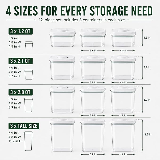 12 Pcs Pop Airtight Food Storage Containers with Lids Stackable Containers for Kitchen Pantry Organization Ideal for Cereal Snacks Flour Sugar Coffee and Spaghetti, 3.4Qt, 2.8Qt, 2.1Qt, 1.2Qt - Image 4
