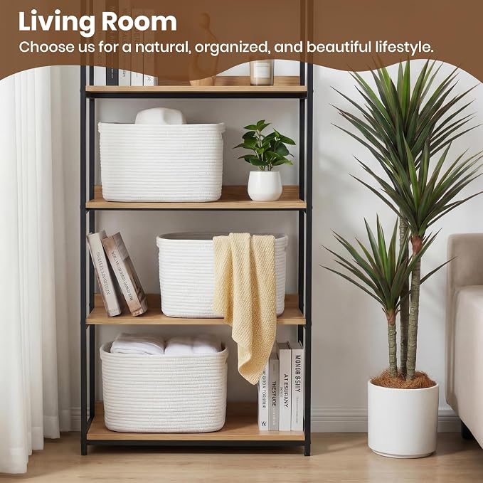 Storage Baskets for Organizing, 14 x 10 x 9” Closet Shelf Woven Baskets, Square Bins with Handles, Cotton Rope Basket for Clothes, Office, Room, White 3 Pack - Image 3