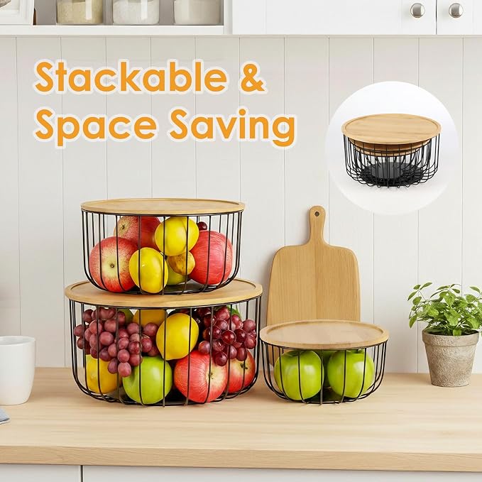 WELTOKE 3 Pack Fruit Basket For Kitchen Counter,Stackable Mesh Fruit Basket With Bamboo Lid,Large Fruit Bowl For Fruit And Vegetable Storage,Pantry Organizers - Image 5