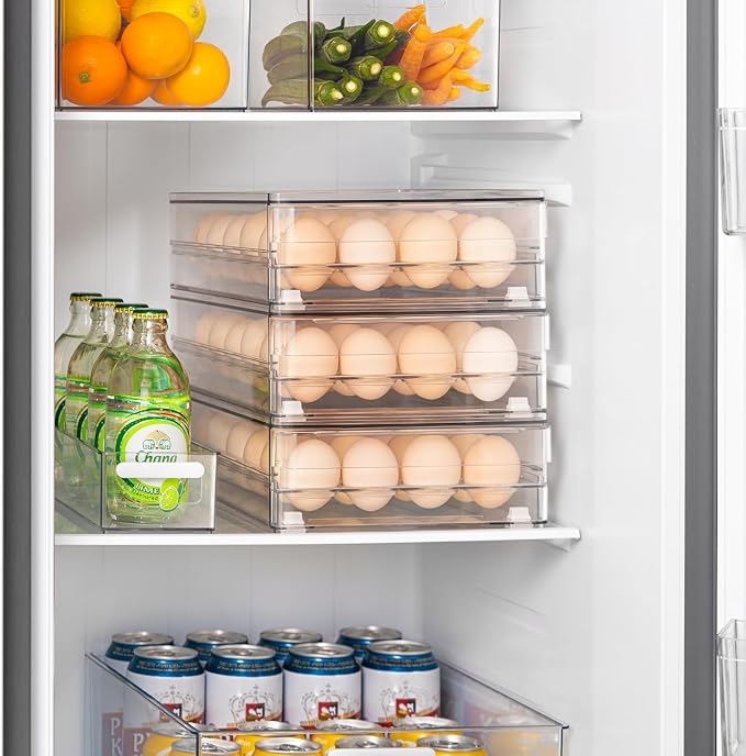 24 Capacity Egg Holder for Refrigerator, Egg Drawer for Fridge Pull Out Egg Storage Container with Non-Slip Pads Clear Egg Tray Egg Organizer - 2 Pack - Image 2