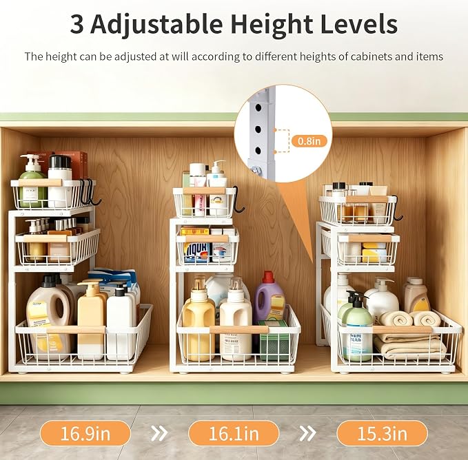 3 Tier Grid Pull Out Organizer White 2 Pack Sliding Rack | White grid dual organizer set for stable multi layer storage in kitchen bathroom and under sink cabinet organization - Image 7