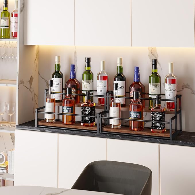 THYGIFTREE 2 Pack Liquor Bottle Display Shelf, 2 Tier Bar Shelf Stand for Liquor & Whiskey, Countertop Organizer Rack for Coffee Syrup, Olive Oil & Home Bar Storage - Image 3