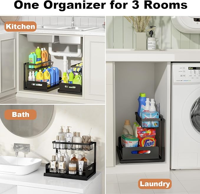 Under Sink Organizer, L-Shaped 2 Tier Pull Out Cabinet Organizer | For Kitchen and Bathroom, Slide Out Under Cabinet Storage, Metal Under Sink Storage with Sliding Drawer, 50 lbs, Black 2 Pack - Image 6