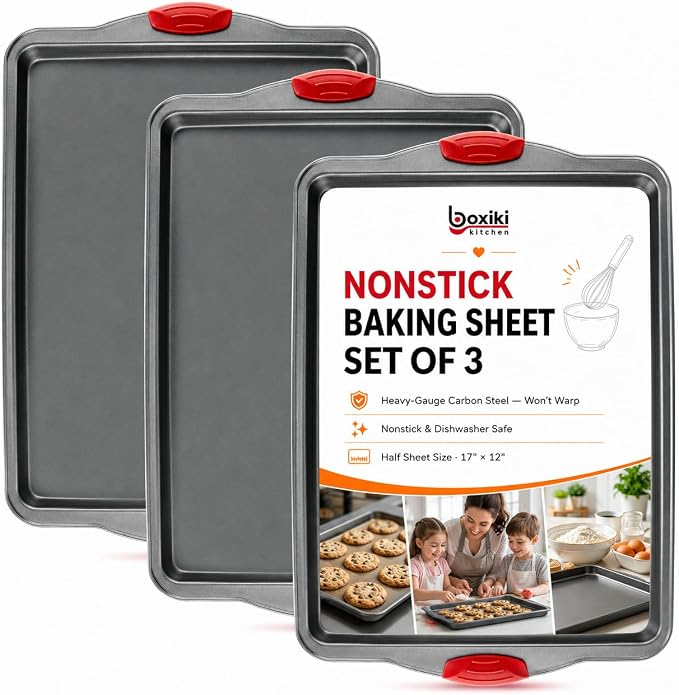 Premium Nonstick Baking Sheet Pans – Set of 3, Heavy-Gauge Carbon Steel, Warp, Dent, and Rust-Resistant – Gourmet Rimmed Half Cookie Sheet Trays, Non-Toxic for Exceptional Baking Performance by Boxikikitchen