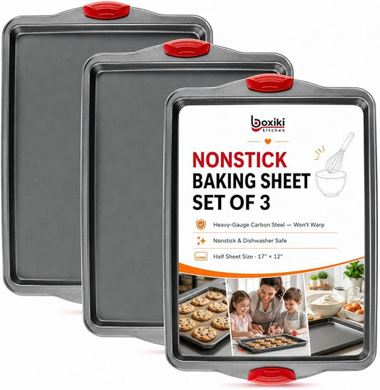 Premium Nonstick Baking Sheet Pans – Set of 3, Heavy-Gauge Carbon Steel, Warp, Dent, and Rust-Resistant – Gourmet Rimmed Half Cookie Sheet Trays, Non-Toxic for Exceptional Baking Performance by Boxikikitchen