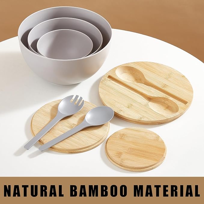 ECOWAY Salad Bowls Set of 3 with Lid & Serving Utensils, Bamboo Fiber Mixing Bowls Set Large Serving Bowls & Storage Set with Bamboo Lid for Salad, Kitchen Eating, Pasta, Popcorn, Chips, Fruit, Grey - Image 7