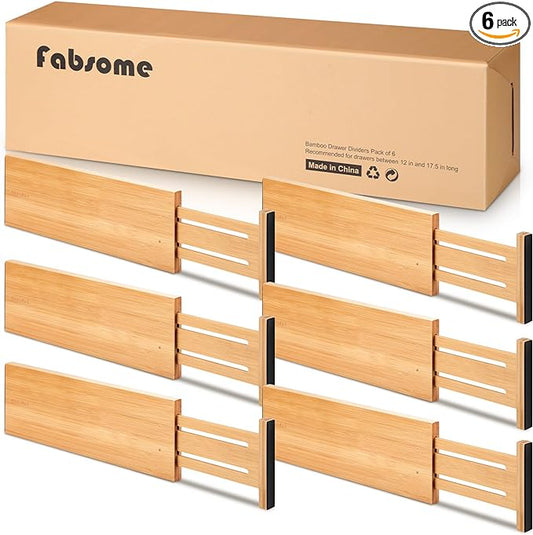 Fabsome Dresser Drawer Organizers 6 Pack, 4.65'' High Adjustable from 17-22‘’ Bamboo Drawer Dividers for Clothing Baby Clothes, Wooden Separators for Dresser Nursery Organization with Soft Foam Ends by Fabsome