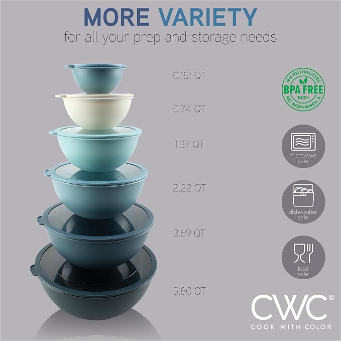COOK WITH COLOR Mixing Bowls with Lids - 12 Piece Plastic Nesting Bowls Set includes 6 Prep Bowls and 6 Lids, Microwave Safe Mixing Bowl Set, Blue Tritan Lid - Image 3
