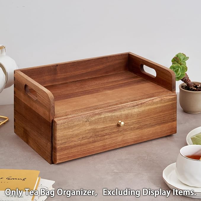 SARUFO Acacia Wood Tea Bag Organizer with Drawer - Tea Station Chest and Storage Box, Coffee and Teabag Holder with 8 Compartments, Containers and Boxes for Countertop Display - Image 4