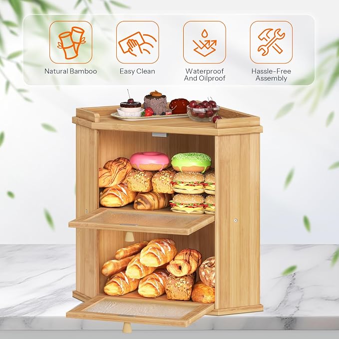 HOOBRO Bread Box, Corner Bread Box for Kitchen Countertop, 2-Tier Bamboo Bread Box, Food Storage Box, Bread Storage Container with Shelf, Bread Bin for Kitchen, Dining Room, Natural YL19MB01 - Image 7