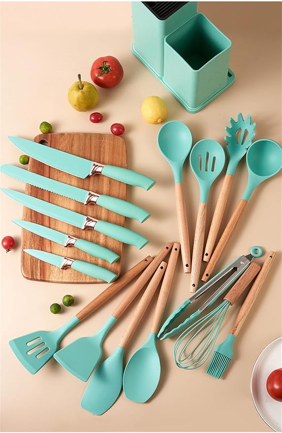 19 Pcs Kitchen Cooking Utensils and Knife Set with Block, Include 11 Pcs Silicone Cooking Utensils Set 5 Pieces Sharp Stainless Steel Chef Knives Scissors Whisk Tongs and Cutting Board (Teal) - Image 2