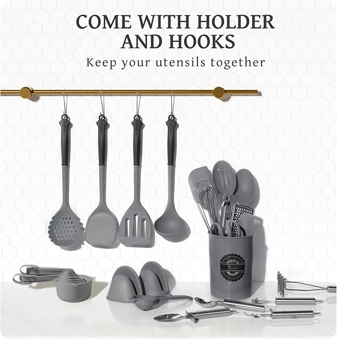 Kikcoin 43 PCS Silicone Kitchen Utensils Set, Dishwasher Safe Kitchen Cooking Utensils Set, 446°F Spatulas Silicone Heat Resistant, Non Toxic Silicone Utensils Set With Two-Tone Grip Handles, Gray - Image 7