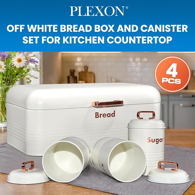 Plexon White Bread Box for Kitchen Countertop with Tea Coffee Sugar Containers Set – Metal Bread Storage Bin with Lid, Kitchen Canister Set of 4, Counter Organizer for Bread, Coffee Bar Pantry - Image 2