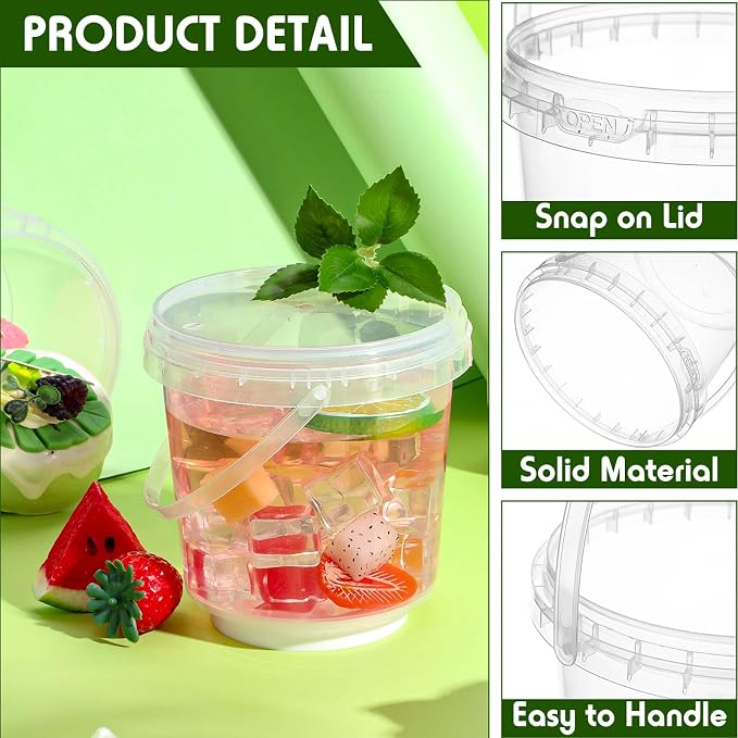 50 Pcs Food Clear Bucket Plastic Gallon Bucket Round Reusable Ice Cream Containers with Lids and Handles Airtight Clear Plastic Tub Freezer Reusable Pail for Popcorn Kitchen Drinks Home(24oz) - Image 3