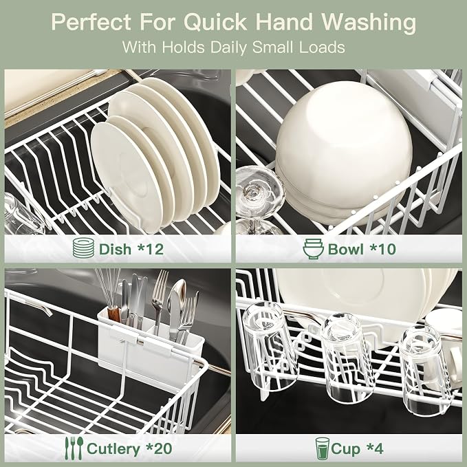 White Dish Drying Rack Over The Sink with Utensil Holder | Expandable Stainless Steel Dish Drainer for Small Kitchen, Apartment, RV, Counter Space Saving, Perfect Fit, Rustproof - Image 6