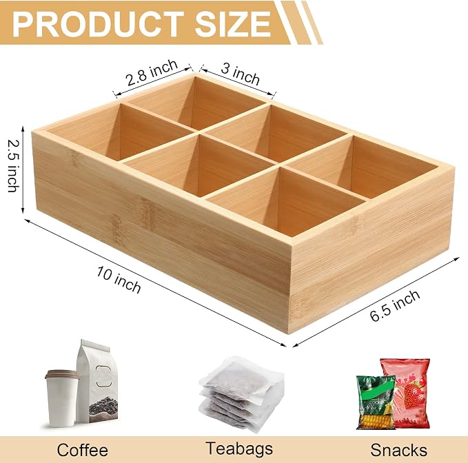 Maitys 4 Pcs Bamboo Divided Storage Organizer Bamboo Container with 6 Compartments Food Storage Bin Wooden Tea Drawer Box Bin Holder Case for Snacks Tea Bags Coffee Sugar - Image 2