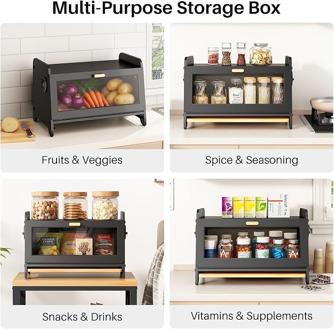 SNTD Bread Box for Kitchen Countertop, Bamboo Cutting Board, 1 Tier, Black | Adjustable Vent Hole, Airtight Design, Natural Wood, Magnetic See-through Door, Metal Frame, Homemade Bread Storage Container - Image 9
