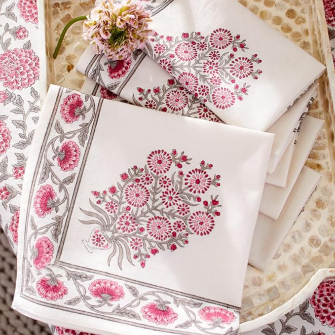 100% Pink Cotton Dinner Napkins, Set of 6, Hand Printed Dahlia Daydreams - CP Design, Fair Trade, Washable Cloth Napkins for Parties & Cocktails 20x20 in by SaffronMarigold