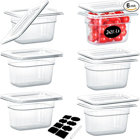 BIEAMA 6 Pack 1/9 Size 4" Deep NSF Polycarbonate Food Pans with Lids | Stackable clear containers for meal prep, buffet, salad bars, commercial & home kitchen; dishwasher safe and freezer safe by BIEAMA