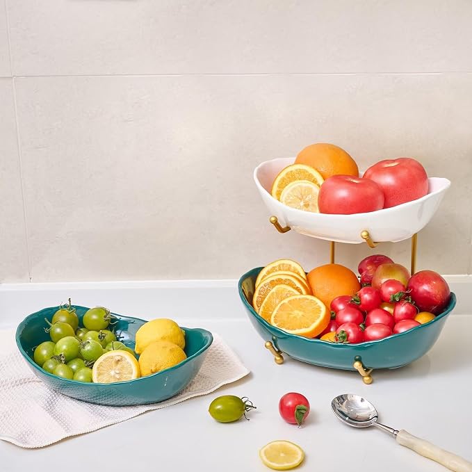 2 Tier Ceramic Fruit Bowl with Gold Metal Stand | Tiered Fruit Basket for Snacks, Nuts, Cake, Dessert (Dark Green) - Image 6