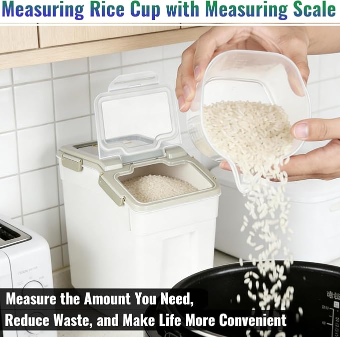Rice Container 25 lbs Large Bulk Flour Sugar Storage Holdhouse Plastic Grain Cereal Dry Goods Bin with Spoon and Measuring Cup for Kitchen Pantry Organization - Grey - Image 6