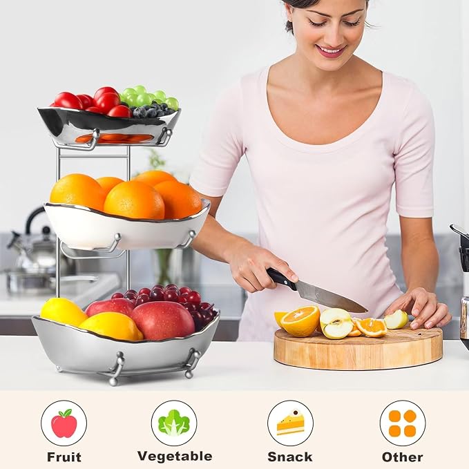 3 Tier Fruit Basket for Kitchen Counter, Modern Ceramic Fruit Bowl with Silver Metal Stand, Fruit Holder Stand for Snacks, Nuts, Cakes, Desserts, Bread, Candy Storage - Image 4