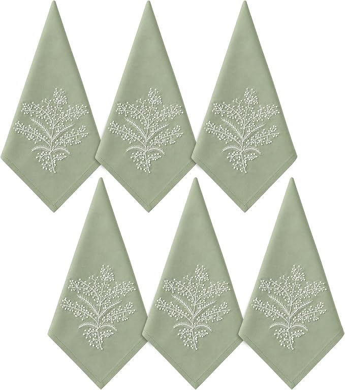 Cloth Tea Napkins Set of 6, Embroidered Cotton Napkins with French Knot Design, Reusable Table Napkins for Dinner, Tea Time, Coffee, Cocktail Settings, 16x16 Inches (Sage Green) by EmbroideryLinenVN