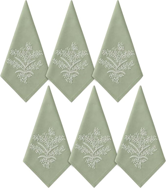 Cloth Tea Napkins Set of 6, Embroidered Cotton Napkins with French Knot Design, Reusable Table Napkins for Dinner, Tea Time, Coffee, Cocktail Settings, 16x16 Inches (Sage Green) by EmbroideryLinenVN