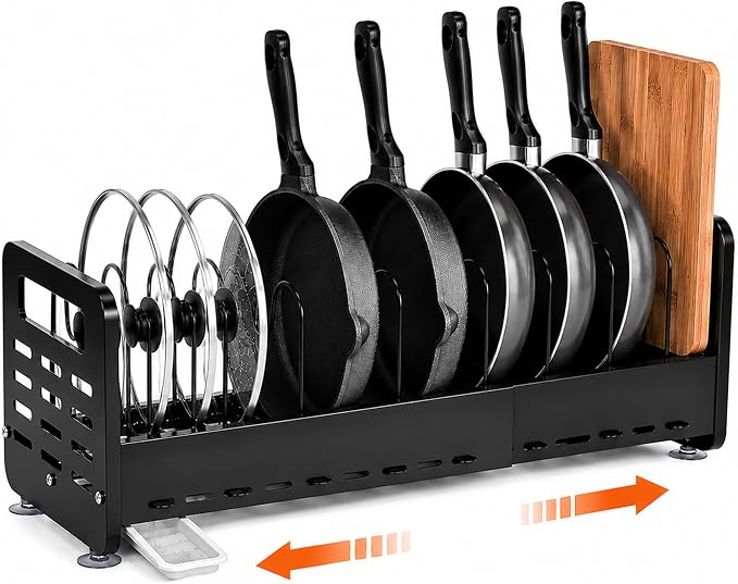 Pots and Pans Organizer Under Cabinet, Expandable Pot Lid Organizer | Adjustable Heavy Duty Rack with Removable Drip Tray, Expands 15.4"–24.8", Ideal for Kitchen Cabinets and Countertops. by LUMERIGIN