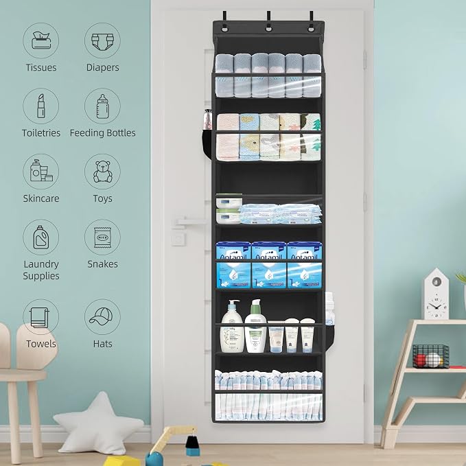 Over Door Organizer with 6 Extra Large Pockets 12 Side Pockets, Sturdy Closet Storage Rack, Hanging Storage Organizer with Clear Window for Shoes, Diaper, Bedroom, Bathroom, Black, 6-Pack - Image 7