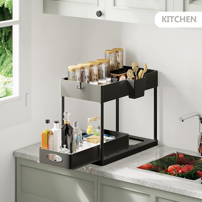 Under Sink Organizers and Storage, Bathroom Cabinet Organizer, Sink Shelf with Utility Hooks and Side Caddy for Under Cabinet Storage | Under Kitchen Sink Organizer with Sliding Drawer, Black (1-Pack) - Image 4