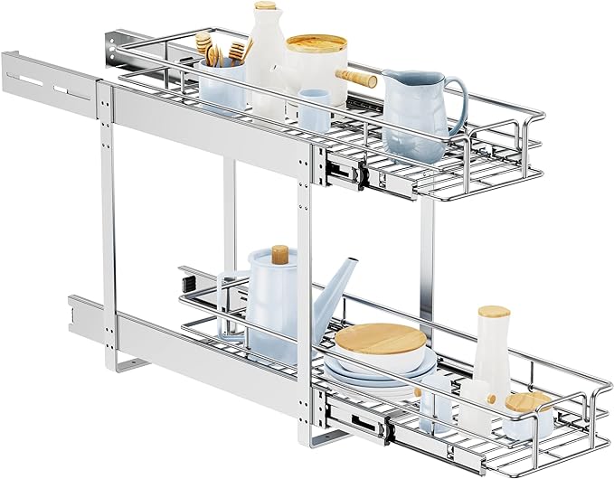 LOVMOR Individual Pull Out Cabinet Organizer, 2 Tier Slide Out Cabinet Drawers, Pots and Pans Organizer and Storage Pantry Shelf for Kitchen (9" W x 21½" D) by LOVMOR