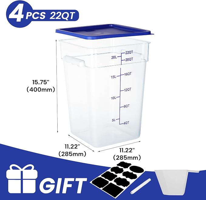 BIEAMA 4 Pack 22 Qt Square Food Storage Containers with Lids, NSF, Clear | Commercial polycarbonate containers with scale markings and handles; stackable for prep, brining, fermentation & bulk storage - Image 2