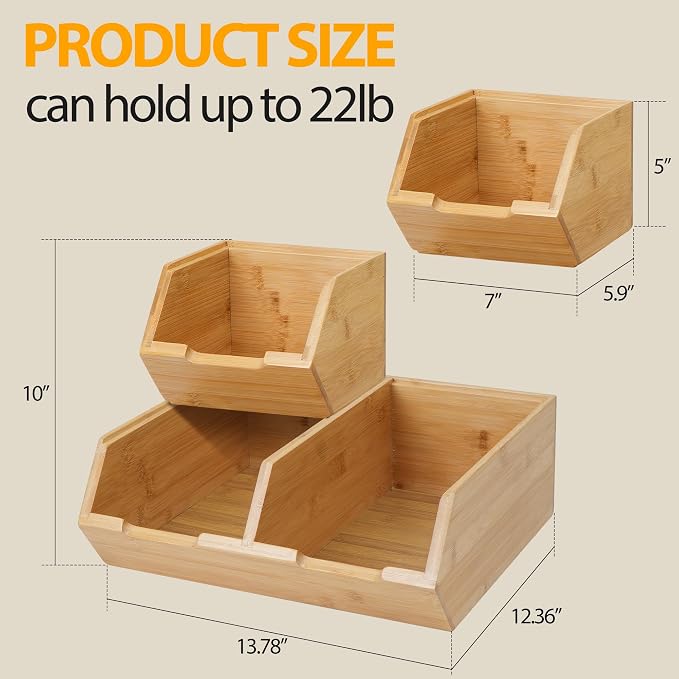 3 Pack Stackable Bamboo Pantry Storage Bins,Potato Onion Storage Bins | Pantry Organizers and Storage ﻿,Fruit Vegetable Basket, ,Large Capacity, Multiuse - Image 2