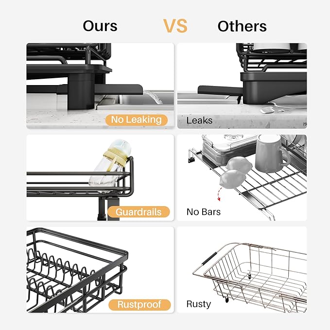Expandable Dish Drying Rack for Kitchen Counter, Stainless Steel, Black | Foldable Over Sink, Large Capacity, Adjust to Fit Most Sinks, Angled Drainboard, Removable Utensil Holder, Slip Resistant - Image 3