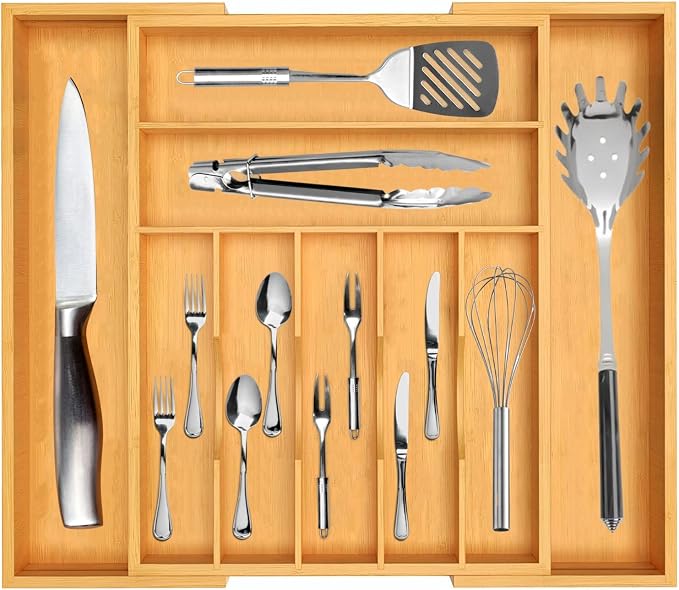 Bamboo Kitchen Utensil Organizer, Expandable Silverware Organizer for Kitchen Drawers, Premium Wood Drawer Organizers, Silverware Holder Tray for Drawers Flatware-Cutlery Organizer for Drawer by JATEXPRESS