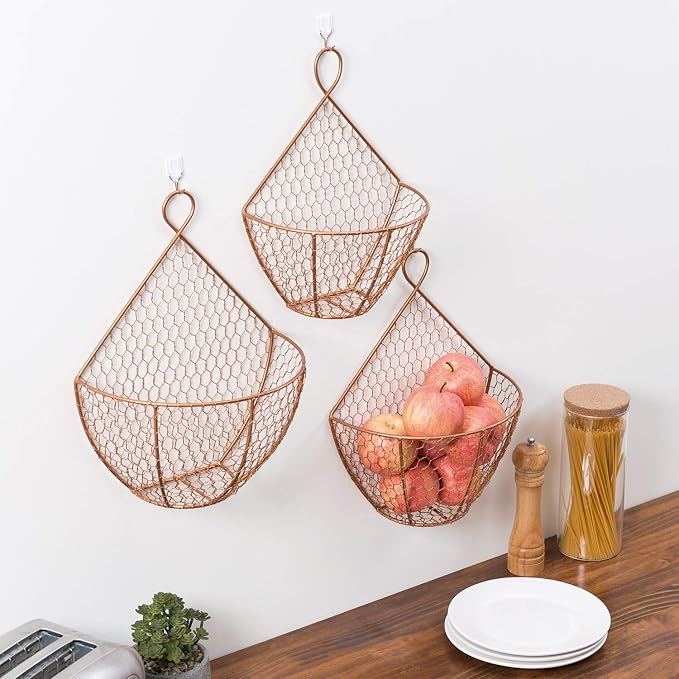 MyGift Set of 3, Farmhouse Copper Metal Wire Mesh Wall Hanging Baskets, Wall-Mounted Storage Basket, Decorative Kitchen Fruit Wall Basket Produce Holder - Image 3