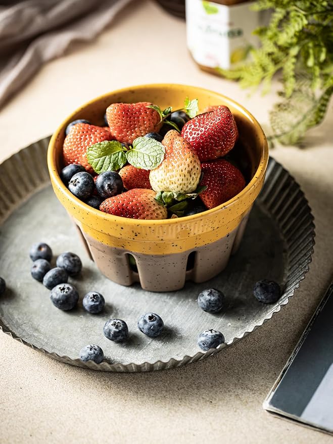 Gomakren Ceramic Berry Bowl Set of 2 Harvest Fruit Basket, Yellow + Brown | Drain Holes Keep Berries Fresh, Stackable, Wash & Serve | 5.8In Round Strawberry Grape Cherry Basket, Farmhouse Kitchen Decor - Image 9
