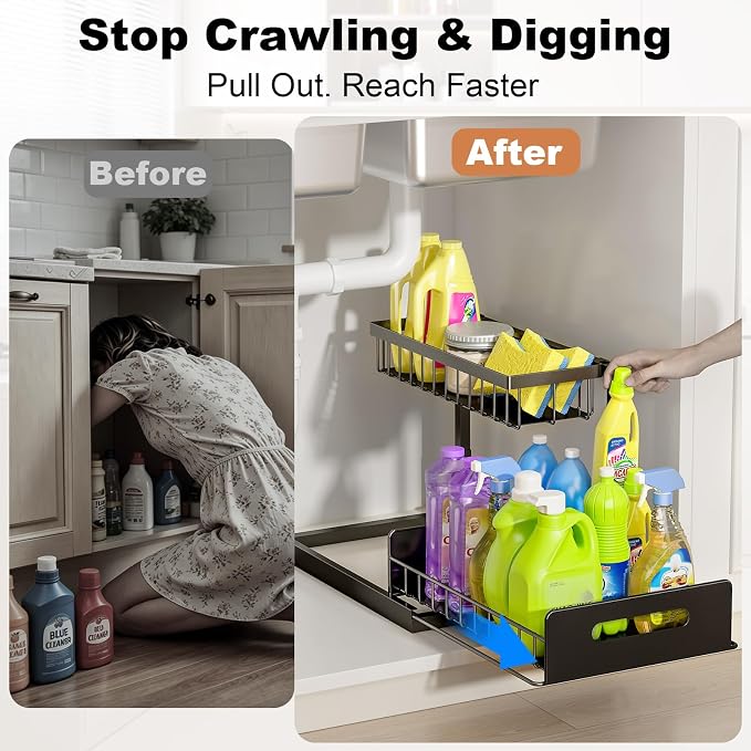 Under Sink Organizer, L-Shaped 2 Tier Pull Out Cabinet Organizer | For Kitchen and Bathroom, Slide Out Under Cabinet Storage, Metal Under Sink Storage with Sliding Drawer, 50 lbs, Black 2 Pack - Image 4